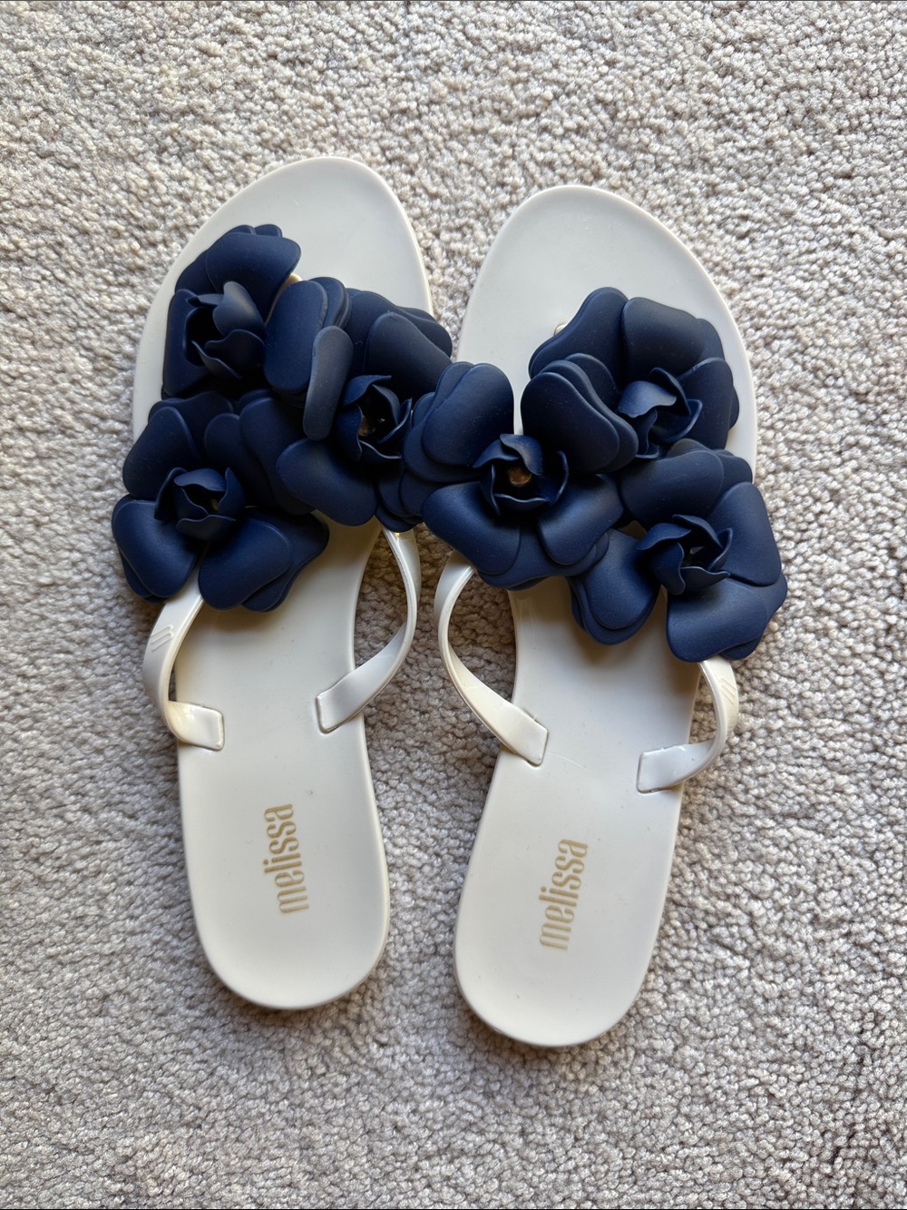 Melissa White Sandals with Navy Floral Accents